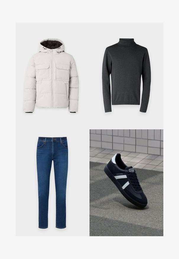Hellgraue, gesteppte Winterjacke mit Frontreißverschluss, zwei Brustklappentaschen, Seitentaschen und Kapuze mit schwarzem Innenfutter.; Dunkelgrauer Rollkragenpullover aus weichem Material, mit langen Ärmeln sowie gerippten Bündchen und Saum, mit einer glatten, gleichmäßigen Textur.; Dunkelblaue Jeans aus Denim mit geradem Bein, vorderen Taschen und einem Knopfverschluss am Bund. Glatte Textur, minimale Details.; Schwarze Leder-Sneaker mit weißen Streifen, strukturiertem Gummisohle und Schnürung. Verfügt über ein Markenetikett auf der Zunge.