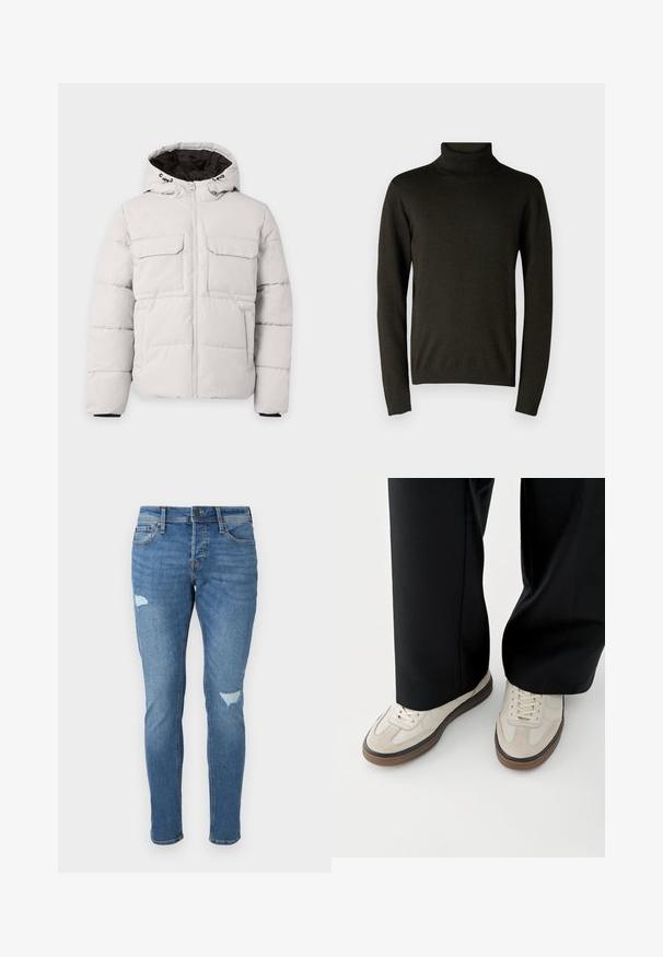 Lysegrå polstret vinterjakke med frontlynlås, to brystlommer med klap, sidelommer og hætte med sort inderfor.; Mørkegrøn turtleneck sweater lavet af blødt strikmateriale, med lange ærmer og ribbede manchetter og kant. Glat tekstur med minimal detaljering.; Fadede blå denim jeans med slim fit, der har slidte områder ved knæene, en knaplukning og fem-lomme design.; Fødder iført beige sneakers med brune såler og sorte bukser med vide ben på hvid baggrund.