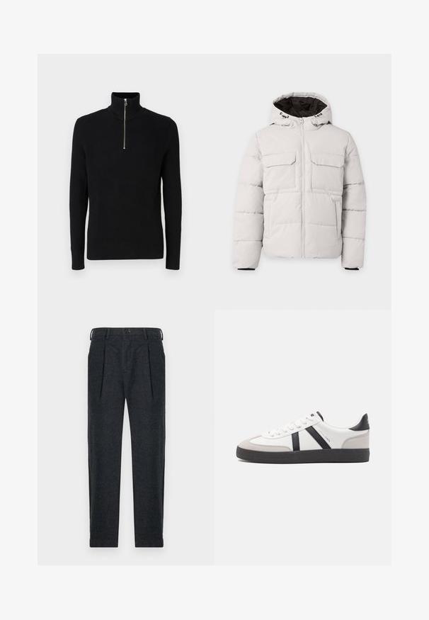 Veste d'hiver matelassée gris clair avec fermeture éclair à l'avant, deux poches poitrine à rabat, poches latérales et capuche avec doublure intérieure noire.; Pull en col roulé noir à côtes avec un design à zip quart et des manches longues. Fabriqué en tissu texturé, avec un motif à côtes verticales.; Pantalons en mélange de laine gris avec deux plis à l'avant, passants de ceinture, poches latérales et fermeture à bouton. Design à jambe droite avec une texture lisse.; Baskets blanches avec des accents noirs et gris, présentant un embout texturé gris, une semelle en caoutchouc noir et des lacets plats blancs. Design épuré, style minimaliste.