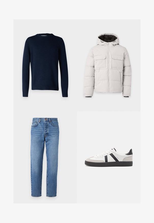 Veste d'hiver matelassée gris clair avec fermeture éclair à l'avant, deux poches poitrine à rabat, poches latérales et capuche avec doublure intérieure noire.; Selected SLMCODY LS KNIT CREW NECK NOOS - Pullover - sky captain; Jean en denim bleu clair avec une coupe droite, cinq poches et un zip à bouton. Texture délavée avec un léger effet de frottement à l'avant.; Baskets blanches avec des accents noirs et gris, présentant un embout texturé gris, une semelle en caoutchouc noir et des lacets plats blancs. Design épuré, style minimaliste.