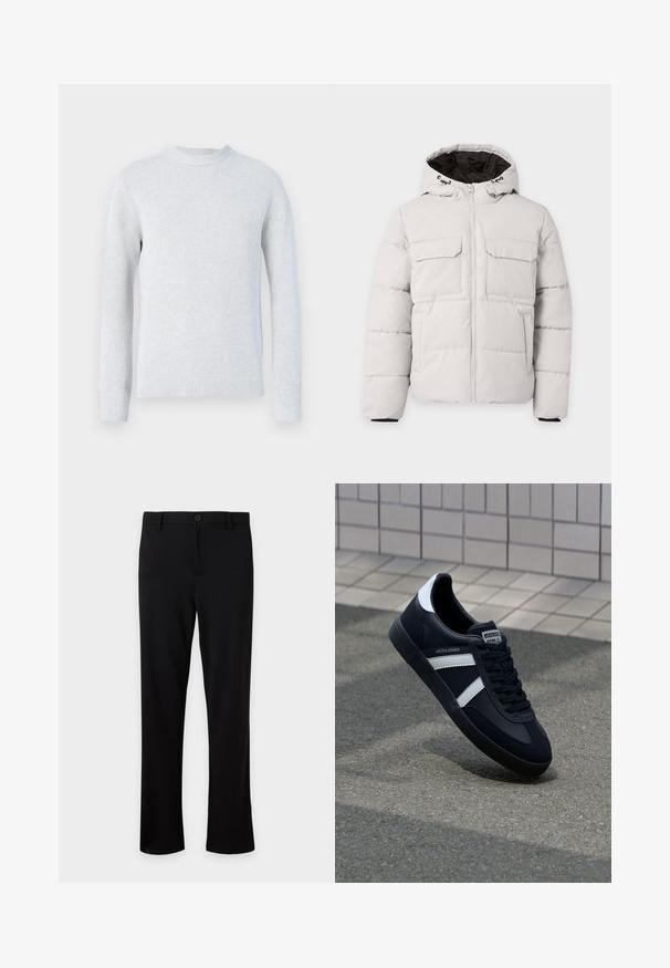 Chaqueta de invierno acolchada color gris claro con cremallera frontal, dos bolsillos con solapa en el pecho, bolsillos laterales y capucha con forro interior negro.; Jersey de punto gris claro de manga larga con cuello redondo y puños y bajo de canalé, mostrado sobre un fondo blanco.; Pantalón de vestir negro con perneras rectas, cierre de botón y cremallera, trabillas para cinturón y sin bolsillos visibles, mostrado sobre un fondo liso y claro.; Zapatilla de cuero negra con rayas blancas, suela de goma texturizada y parte frontal con cordones. Cuenta con una etiqueta de marca en la lengüeta.
