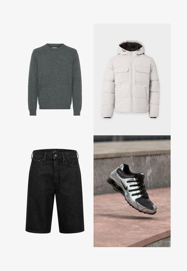 Lysegrå polstret vinterjakke med frontlynlås, to brystlommer med klap, sidelommer og hætte med sort inderfor.; Grå crew-neck sweater lavet af struktureret strikket stof. Har lange ærmer samt ribber i ærmekanterne og forneden. Ingen mønstre eller fremtrædende detaljer.; Sorte denimshorts med knap og lynlås foran, bæltestropper og sidelommer, vist forfra.; Sølv- og sort Nike Shox sneaker, svævende i luften over en betonoverflade, der fremhæver dens fjedrende såldesign.