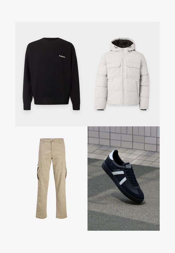 Hellgraue, gesteppte Winterjacke mit Frontreißverschluss, zwei Brustklappentaschen, Seitentaschen und Kapuze mit schwarzem Innenfutter.; Replay Inc. Sweatshirt - black; Beige Cargohose mit Knopfverschluss, Gürtelschlaufen und großen Klappentaschen an beiden Oberschenkeln, flach auf weißem Hintergrund dargestellt.; Schwarze Leder-Sneaker mit weißen Streifen, strukturiertem Gummisohle und Schnürung. Verfügt über ein Markenetikett auf der Zunge.