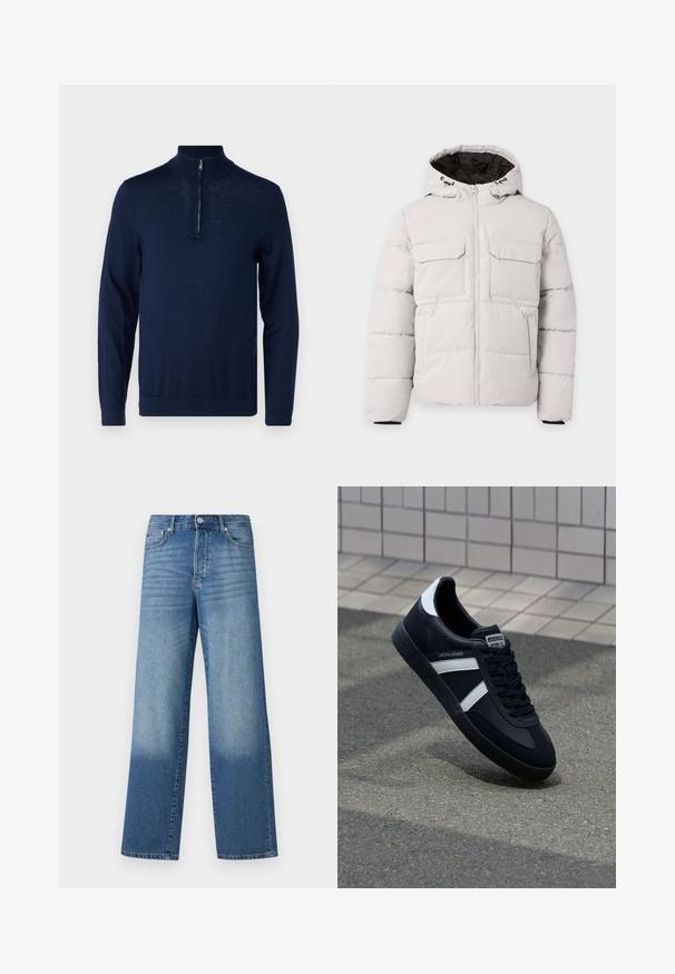 Hellgraue, gesteppte Winterjacke mit Frontreißverschluss, zwei Brustklappentaschen, Seitentaschen und Kapuze mit schwarzem Innenfutter.; Navyblaues Langarm-Pullover mit einem Viertel-Reißverschluss-Kragen. Glatte Textur, körperbetontes Design, minimale Nahtdetails und keine sichtbaren Logos.; Blaue hochgeschnittene Straight-Leg-Jeans mit Ausbleichungen an den Oberschenkeln und dunklerem Schatten nahe den Säumen, sichtbare vordere Knöpfe und Taschen.; Schwarze Leder-Sneaker mit weißen Streifen, strukturiertem Gummisohle und Schnürung. Verfügt über ein Markenetikett auf der Zunge.