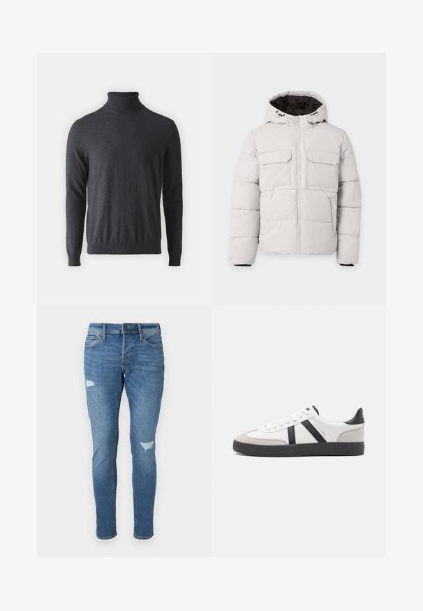 Chaqueta de invierno acolchada color gris claro con cremallera frontal, dos bolsillos con solapa en el pecho, bolsillos laterales y capucha con forro interior negro.; Jersey de cuello alto en gris oscuro, hecho de un material de punto acanalado suave. Presenta mangas largas y una cintura ajustada, con un diseño de cuello alto.; Jeans de mezclilla azul deslavado con corte Slim, que presentan zonas desgastadas en las rodillas, cierre de botón y diseño de cinco bolsillos.; Zapatilla blanca con acentos en negro y gris, que presenta una puntera texturizada en gris, suela de goma negra y cordones planos blancos. Diseño limpio, estilo minimalista.