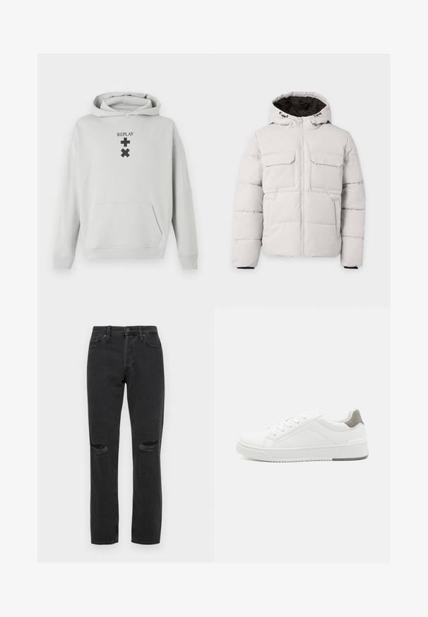 Veste d'hiver matelassée gris clair avec fermeture éclair à l'avant, deux poches poitrine à rabat, poches latérales et capuche avec doublure intérieure noire.; Hoodie gris clair avec une poche frontale, arborant le texte noir "REPLAY" et des symboles graphiques. Tissu doux, coupe décontractée, poignets côtelés.; Jean en denim noir avec des détails déchirés aux genoux, une conception à cinq poches, une coupe droite et des coutures contrastées discrètes.; Basket blanche en cuir lisse, à bout arrondi, design minimaliste, accent de talon gris et semelle en caoutchouc texturé.