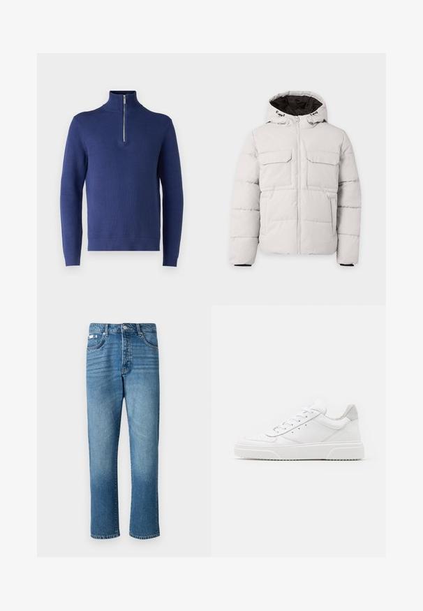 Chaqueta de invierno acolchada color gris claro con cremallera frontal, dos bolsillos con solapa en el pecho, bolsillos laterales y capucha con forro interior negro.; Suéter de color azul marino con cuello alto y media cremallera, que presenta un patrón de punto texturizado y puños y dobladillo de canalé.; Jeans de mezclilla de un azul claro con corte recto, que cuentan con un cierre de botón, cinco bolsillos y un ligero desgaste en los muslos y el dobladillo.; Zapatillas de cuero blanca con un acabado suave, punta redondeada, cordones planos y una suela texturada. Acento de ante gris en el talón.