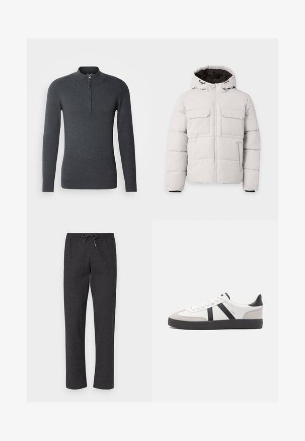 Veste d'hiver matelassée gris clair avec fermeture éclair à l'avant, deux poches poitrine à rabat, poches latérales et capuche avec doublure intérieure noire.; Pull en gris foncé avec un col montant et une courte fermeture éclair à l'avant. Fabriqué dans un tissu doux et texturé, avec des manches longues et des bords côtes.; Pantalons en tissu doux de couleur gris foncé avec une taille élastique et un cordon de serrage. Design à jambe droite, sans poches, texture lisse et construction simple.; Baskets blanches avec des accents noirs et gris, présentant un embout texturé gris, une semelle en caoutchouc noir et des lacets plats blancs. Design épuré, style minimaliste.