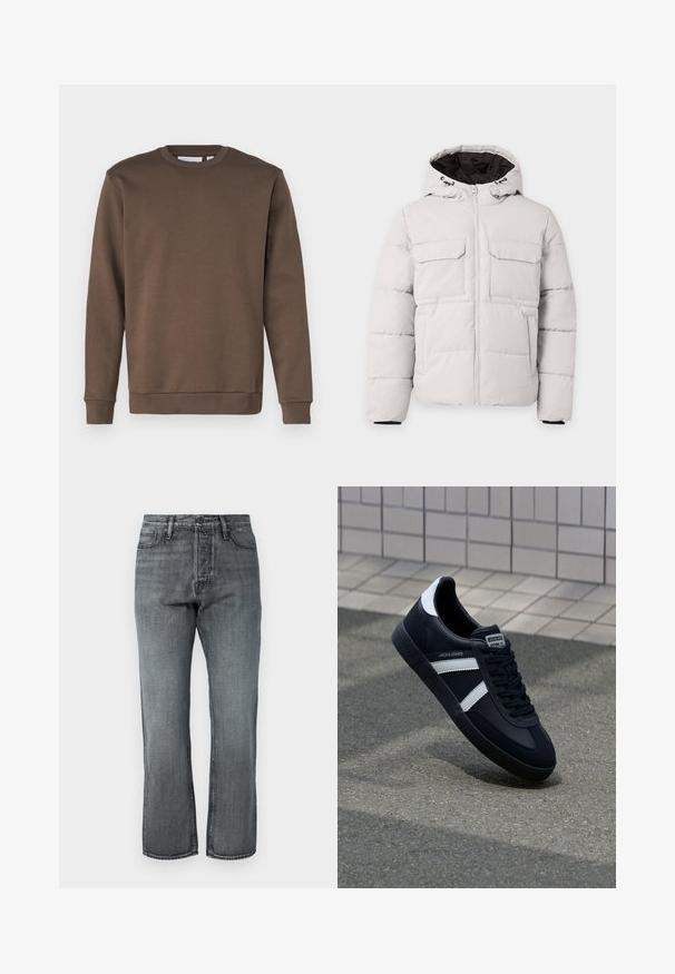 Lichtgrijze gewatteerde winterjas met rits aan de voorkant, twee borstzakken met klep, zijzakken en capuchon met zwarte voering.; Only & Sons ONSCERES CREW NECK - Sweater - major brown; Grijze denim jeans met een recht ontwerp, vijf-pocket styling en een klassieke knoopsluiting, met subtiele vervaging en contraststiksels.; Zwarte leren sneaker met witte strepen, een gestructureerde rubberen zool en vetersluiting aan de voorkant. Voorzien van een merklabel op de tong.