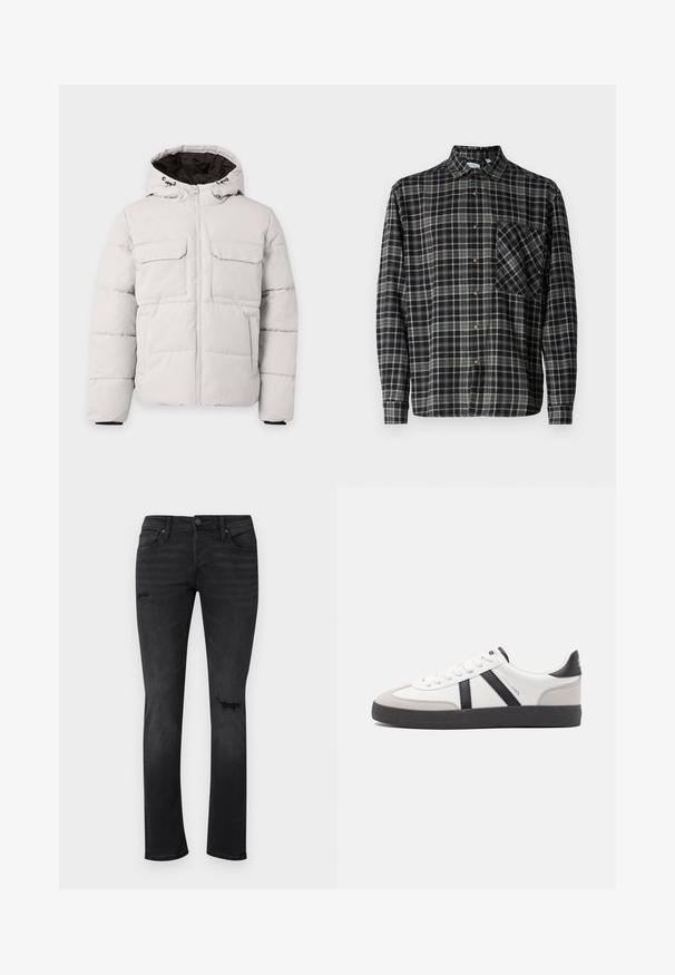 Veste d'hiver matelassée gris clair avec fermeture éclair à l'avant, deux poches poitrine à rabat, poches latérales et capuche avec doublure intérieure noire.; Only & Sons Lumberjack ONSARCHER Lumberjack - Chemise - black; Jeans en denim noir avec une coupe slim, présentant des zones déchirées visibles au niveau des genoux, cinq poches, ainsi qu'une fermeture standard à bouton et à glissière.; Baskets blanches avec des accents noirs et gris, présentant un embout texturé gris, une semelle en caoutchouc noir et des lacets plats blancs. Design épuré, style minimaliste.