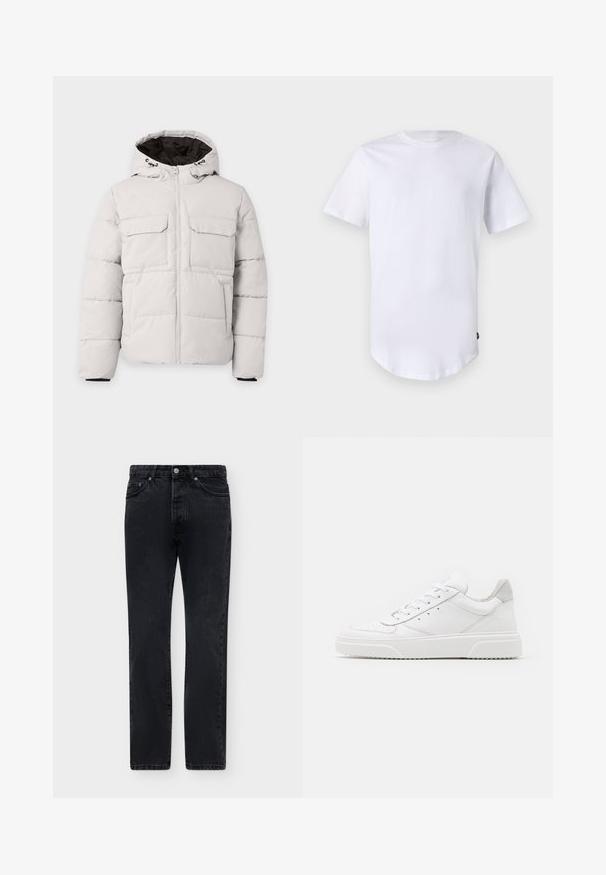 Lichtgrijze gewatteerde winterjas met rits aan de voorkant, twee borstzakken met klep, zijzakken en capuchon met zwarte voering.; Witte katoenen t-shirt met korte mouwen. Rond de hals ontwerp met een gebogen zoom. Label zichtbaar aan de onderste linkerzijde. Gladde textuur.; Zwarte jeans met rechte pijpen, vooraan met knoop- en ritssluiting, riemlussen en twee voorzakken.; Witte leren sneakers met een gladde afwerking, ronde neus, platte veters en een gestructureerde zool. Grijze suède accent bij de hiel.