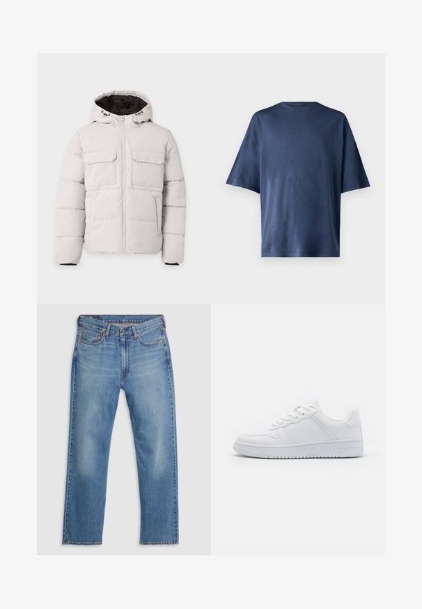 Chaqueta de invierno acolchada color gris claro con cremallera frontal, dos bolsillos con solapa en el pecho, bolsillos laterales y capucha con forro interior negro.; Camiseta de manga corta azul marino, hecha de una tela suave, con un cuello redondo clásico y un corte relajado, sin patrones ni acentos visibles.; Vaqueros de mezclilla azul de pierna recta con cierre frontal de botón y cremallera, trabillas para cinturón y diseño de cinco bolsillos sobre un fondo blanco.; Zapatillas blancas hechas de material sintético liso, con cordones planos, puntera perforada y suela de goma con un patrón de agarre texturizado.