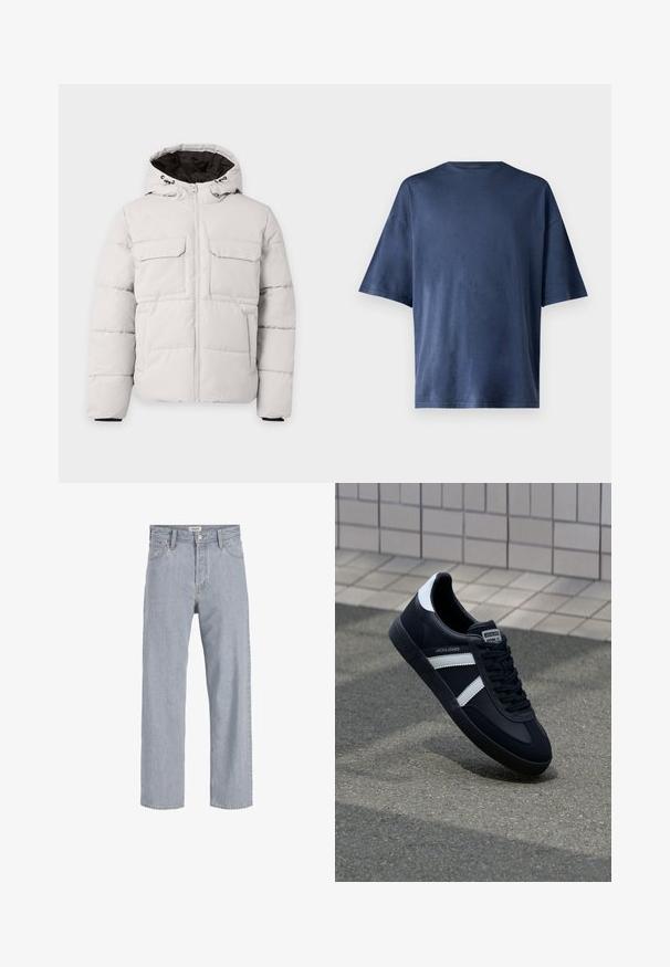 Veste d'hiver matelassée gris clair avec fermeture éclair à l'avant, deux poches poitrine à rabat, poches latérales et capuche avec doublure intérieure noire.; T-shirt navy bleu à manches courtes, fabriqué en tissu doux, présente un col rond classique et une coupe décontractée, sans motifs ni accents visibles.; Jean en denim bleu clair avec une coupe décontractée,à jambe droite, coutures visibles, deux poches avant et fermeture par bouton.; Sneaker en cuir noir avec des rayures blanches, semelle en caoutchouc texturée et devant à lacets. Présente une étiquette de marque sur la languette.