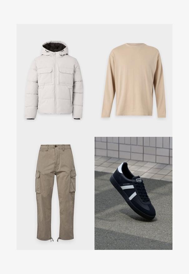 Veste d'hiver matelassée gris clair avec fermeture éclair à l'avant, deux poches poitrine à rabat, poches latérales et capuche avec doublure intérieure noire.; Chemise beige à manches longues en tissu doux, à coupe droite, col rond et avec des détails de couture minimaux le long de l'ourlet et des manches.; Un pantalon cargo de couleur taupe atténuée, fabriqué en coton, avec des poches latérales, une coupe droite et des ourlets ajustables avec cordons de serrage.; Sneaker en cuir noir avec des rayures blanches, semelle en caoutchouc texturée et devant à lacets. Présente une étiquette de marque sur la languette.