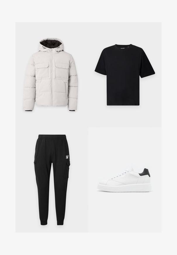 Lysegrå polstret vinterjakke med frontlynlås, to brystlommer med klap, sidelommer og hætte med sort inderfor.; Sort kortærmet T-shirt med crew neck og afslappet pasform, vist på en hvid baggrund.; Sorte cargobukser lavet af blødt stof med elastisk talje, sidelommer og et diskret logo på låret. Lige skåret design.; Hvide lædersneakers med en sort hælflap, flade snørebånd, struktureret mellemsål og branding på ydersiden. Designet til afslappet brug.