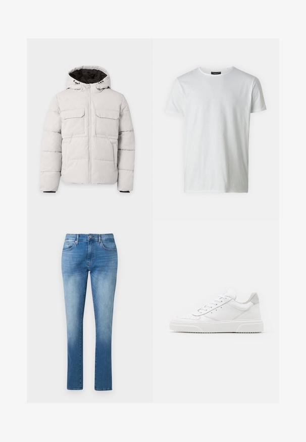 Lichtgrijze gewatteerde winterjas met rits aan de voorkant, twee borstzakken met klep, zijzakken en capuchon met zwarte voering.; Witte korte mouwen crew neck t-shirt van katoen met een gladde textuur. Bevat een label bij de kraag. Eenvoudig, effen ontwerp.; Blauwe jeans met rechte pijpen, mid-rise taille, knoop- en ritssluiting en klassiek ontwerp met vijf zakken.; Witte leren sneakers met een gladde afwerking, ronde neus, platte veters en een gestructureerde zool. Grijze suède accent bij de hiel.