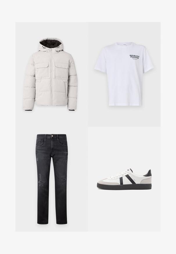 Veste d'hiver matelassée gris clair avec fermeture éclair à l'avant, deux poches poitrine à rabat, poches latérales et capuche avec doublure intérieure noire.; T-shirt en coton blanc avec des manches courtes et un col ras du cou. L'impression sur la poitrine gauche indique "REPUBLIQUE FRANCAISE" en texte vert foncé.; Jeans en denim noir à coupe droite, avec des patchs déchirés, cinq poches, un petit bouton en métal et des passants de ceinture à la taille.; Baskets blanches avec des accents noirs et gris, présentant un embout texturé gris, une semelle en caoutchouc noir et des lacets plats blancs. Design épuré, style minimaliste.