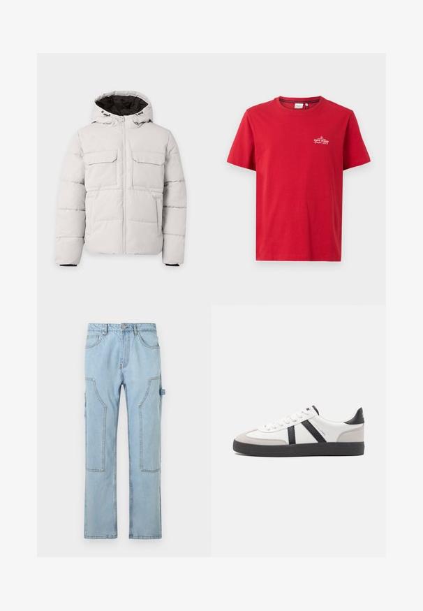 Lysegrå polstret vinterjakke med frontlynlås, to brystlommer med klap, sidelommer og hætte med sort inderfor.; Pepe Jeans THIAGO TEE - T-shirts print - rugby red; Lysblå denim cargo bukser med lige ben, der har store sidelommer, kontrastfarvet syninger og knaplukning i taljen.; Hvide sneakers med sorte og grå detaljer, med en tekstureret grå tåhætte, sort gummisål og flade hvide snørebånd. Rent design, minimalistisk stil.