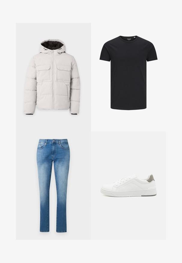 Lichtgrijze gewatteerde winterjas met rits aan de voorkant, twee borstzakken met klep, zijzakken en capuchon met zwarte voering.; Zwarte katoenen T-shirt met een ronde hals, korte mouwen en een eenvoudig ontwerp. Soepele textuur, geen patronen of zichtbare hardware.; Blauwe jeans met rechte pijpen, mid-rise taille, knoop- en ritssluiting en klassiek ontwerp met vijf zakken.; Witte sneaker van glad leer met een ronde neus, minimalistisch ontwerp, grijze hielaccent en een geplaatste rubberen zool.