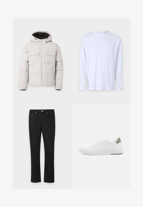 Hellgraue, gesteppte Winterjacke mit Frontreißverschluss, zwei Brustklappentaschen, Seitentaschen und Kapuze mit schwarzem Innenfutter.; Weißes Langarm-T-Shirt aus weicher Baumwolle, mit Rundhalsausschnitt und dezenten Nähdetails an der Vorderseite und den Schultern.; Schwarze Jeans aus Denim mit geradem Bein-Design, ausgestattet mit fünf Taschen und silbernem Zubehör sowie einer glatten Textur. Keine Muster oder Akzente.; Weißer Sneaker aus glattem Leder, runde Zehenpartie, minimalistisches Design, graue Fersenkante und strukturierte Gummisohle.