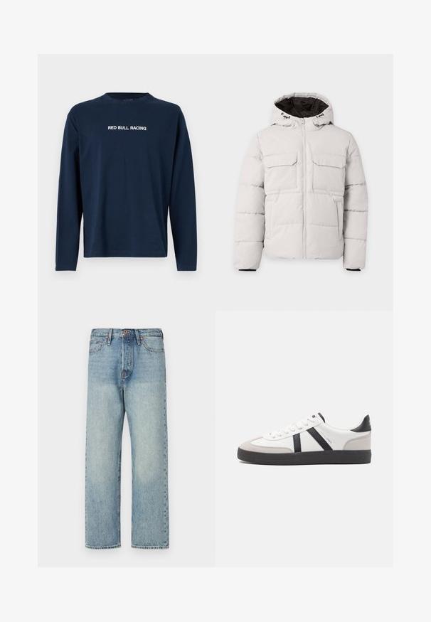 Chaqueta de invierno acolchada color gris claro con cremallera frontal, dos bolsillos con solapa en el pecho, bolsillos laterales y capucha con forro interior negro.; Camiseta de manga larga en color navy hecha de algodón, con cuello redondo y el texto "RED BULL RACING" en blanco en el pecho.; Jeans de mezclilla azul claro con un diseño de pierna recta, cinco bolsillos y herrajes en bronce. Mínima decoloración con un acabado limpio.; Zapatilla blanca con acentos en negro y gris, que presenta una puntera texturizada en gris, suela de goma negra y cordones planos blancos. Diseño limpio, estilo minimalista.