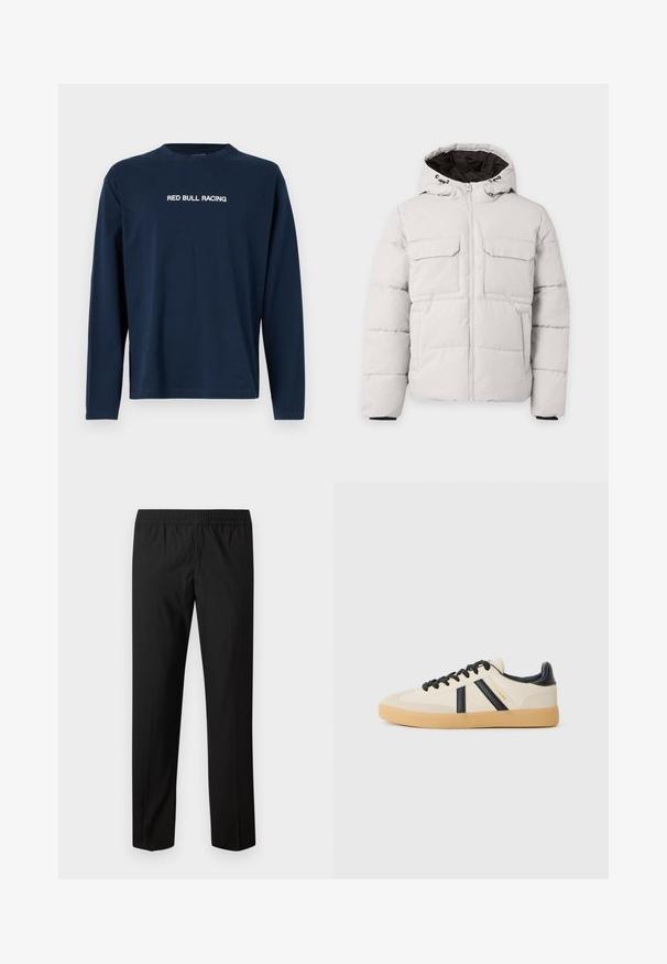 Chaqueta de invierno acolchada color gris claro con cremallera frontal, dos bolsillos con solapa en el pecho, bolsillos laterales y capucha con forro interior negro.; Camiseta de manga larga en color navy hecha de algodón, con cuello redondo y el texto "RED BULL RACING" en blanco en el pecho.; Pantalones negros de pierna recta con cintura elástica, sin bolsillos visibles ni adornos.; Zapatillas casuales en crema con rayas negras, con parte superior texturizada y suela de goma. Los cordones son negros. Logo sutil en el costado.