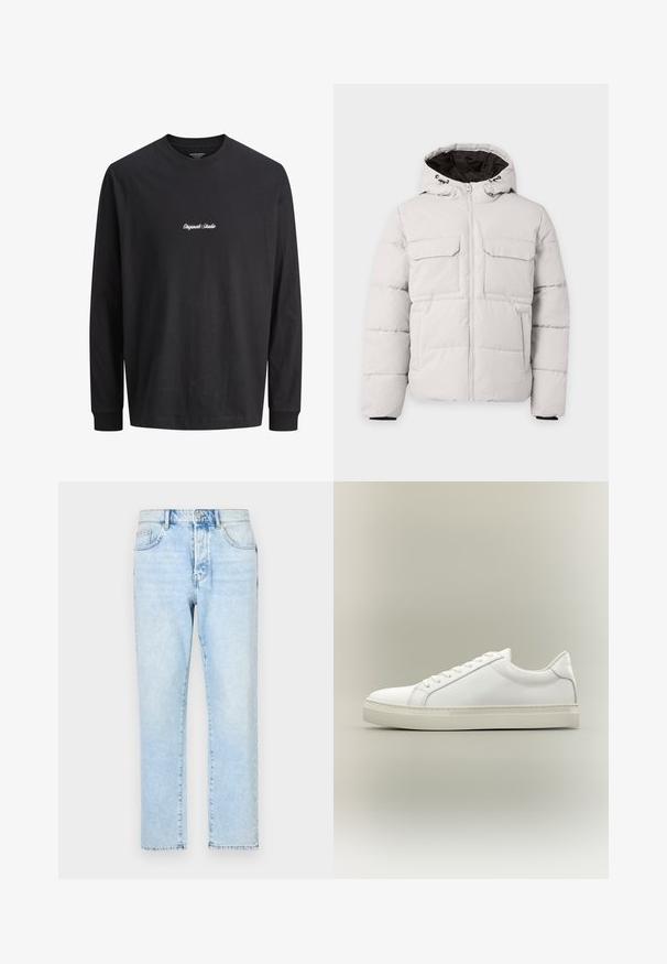 Lysegrå polstret vinterjakke med frontlynlås, to brystlommer med klap, sidelommer og hætte med sort inderfor.; Langærmet sort T-shirt med "Originals Studio" broderet i hvidt på brystet; minimalistisk design mod en ensfarvet baggrund.; Lysblå denimbukser med lige ben, falmede detaljer og traditionelt fem-lomme design. Lukkes med lynlås og knap foran.; Hvid lavtop sneaker med snørebånd foran og tyk sål, vist fra siden mod en neutral baggrund.