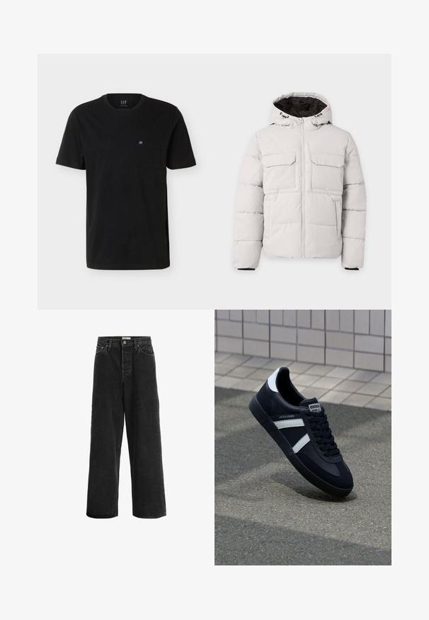 Hellgraue, gesteppte Winterjacke mit Frontreißverschluss, zwei Brustklappentaschen, Seitentaschen und Kapuze mit schwarzem Innenfutter.; Schwarzes T-Shirt mit kurzen Ärmeln und Rundhalsausschnitt, mit Brusttasche und kleinem blau-weißem GAP-Logo.; Schwarze weit geschnittene Jeans aus Denim. Sie verfügt über eine hohe Taille, zwei Fronttaschen, einen Knopfverschluss und dezente Nähte.; Schwarze Leder-Sneaker mit weißen Streifen, strukturiertem Gummisohle und Schnürung. Verfügt über ein Markenetikett auf der Zunge.