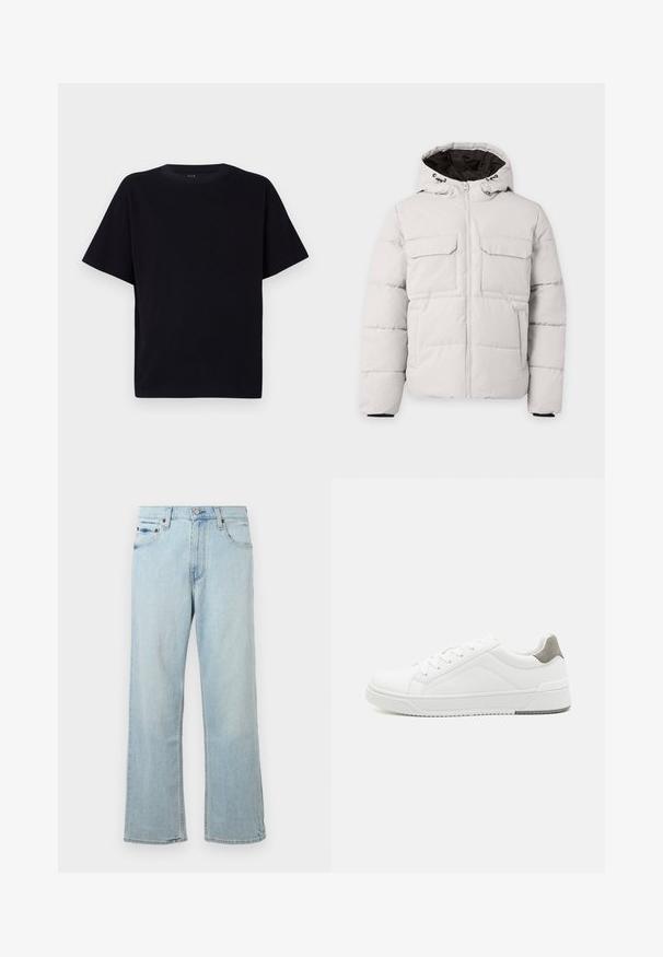 Hellgraue, gesteppte Winterjacke mit Frontreißverschluss, zwei Brustklappentaschen, Seitentaschen und Kapuze mit schwarzem Innenfutter.; Schwarzes kurzärmliges T-Shirt mit Rundhalsausschnitt. Hergestellt aus weichem Stoff, mit lässiger Passform und ohne sichtbare Muster oder Akzente.; Hellblaue Denim-Jeans mit einem lockeren, weit geschnittenen Design. Verfügt über fünf Taschen, Gürtelschlaufen und einen Reißverschluss mit Knopfverschluss.; Weißer Sneaker aus glattem Leder, runde Zehenpartie, minimalistisches Design, graue Fersenkante und strukturierte Gummisohle.