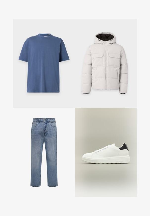 Lichtgrijze gewatteerde winterjas met rits aan de voorkant, twee borstzakken met klep, zijzakken en capuchon met zwarte voering.; Blauwe T-shirt met korte mouwen van zacht katoen, met een ronde hals en een relaxte pasvorm, met minimale stikdetails.; Lichtblauwe straight-leg spijkerbroek met knoop- en ritssluiting en voor- en achterzakken.; Witte lage sneaker met dikke zool, veters aan de voorkant en een zwart hielstuk, gebrandmerkt met "Steve Madden" op de zijkant van de zool.