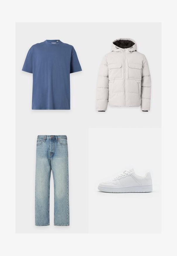 Hellgraue, gesteppte Winterjacke mit Frontreißverschluss, zwei Brustklappentaschen, Seitentaschen und Kapuze mit schwarzem Innenfutter.; Blaues T-Shirt mit kurzen Ärmeln aus weicher Baumwolle, featuring einen Rundhalsausschnitt und einen lässigen Schnitt, mit minimalen Nähedetails.; Hellblaue Jeans aus Denim mit geradem Bein, fünf Taschen und bronzener Hardware. Minimale Ausbleichungen mit einem sauberen Finish.; Weiße Sneaker aus glattem Synthetikmaterial, ausgestattet mit flachen Schnürsenkeln, perforierter Zehenpartie und einer gummierten Sohle mit einem strukturierten Grip-Muster.