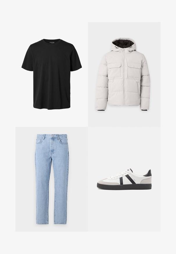 Lysegrå polstret vinterjakke med frontlynlås, to brystlommer med klap, sidelommer og hætte med sort inderfor.; Sort kortærmet t-shirt med rund halsudskæring, normal pasform og uden synligt design eller mærkning foran.; Lysblå denim jeans med lige ben-design, fem lommer og knaplukning. Blød tekstur med en klassisk falmet finish.; Hvide sneakers med sorte og grå detaljer, med en tekstureret grå tåhætte, sort gummisål og flade hvide snørebånd. Rent design, minimalistisk stil.