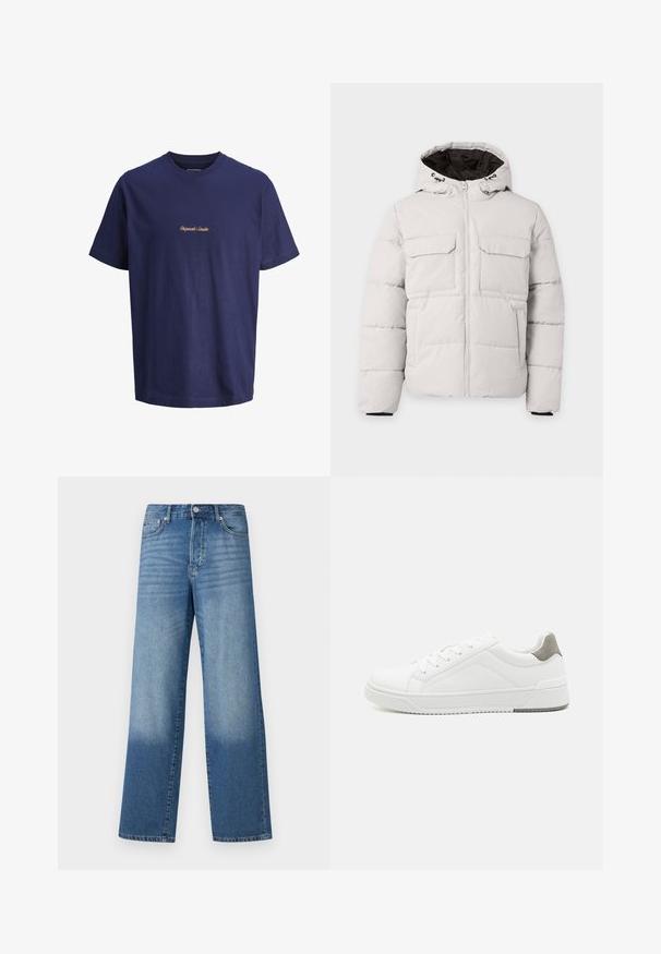 Hellgraue, gesteppte Winterjacke mit Frontreißverschluss, zwei Brustklappentaschen, Seitentaschen und Kapuze mit schwarzem Innenfutter.; Navyblaue Baumwoll-T-Shirt mit kurzen Ärmeln, rundem Ausschnitt und orange besticktem Text „Originals Studio“ vorne in der Mitte.; Blaue hochgeschnittene Straight-Leg-Jeans mit Ausbleichungen an den Oberschenkeln und dunklerem Schatten nahe den Säumen, sichtbare vordere Knöpfe und Taschen.; Weißer Sneaker aus glattem Leder, runde Zehenpartie, minimalistisches Design, graue Fersenkante und strukturierte Gummisohle.