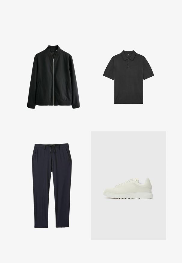 Veste bomber noire avec fermeture éclair sur le devant, col et poignets côtelés, deux poches latérales et un tissu lisse, sans texture.; Polo noir à manches courtes avec patte de boutonnage à trois boutons et col en maille, présenté à plat sur fond blanc.; Pantalons de sport bleu marine en tissu extensible, dotés d'une taille élastique à cordon de serrage, de deux poches latérales et d'une coupe droite.; Baskets blanches en cuir avec un dessus texturé, bout rond, semelle plate blanche et lacets ton sur ton. Marque discrète sur la languette.