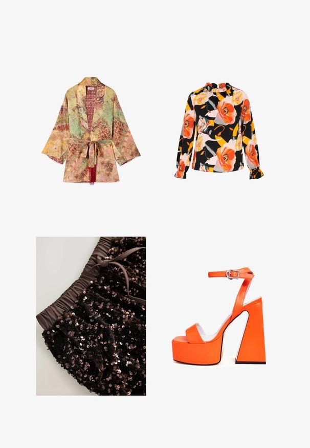 Let kimono jakke med flerfarvet vintage patchwork mønstre, brede ærmer og et matchende stofbælte med røde kvaster.; Blomstret bluse med levende orange og hvide blomster på en sort baggrund. Flæsekrave og lange ærmer med elastiske manchetter.; Sort pailletstof med en samlet, elastisk talje og satinbåndsdetalje. Pailletterne er runde og blanke, hvilket skaber en struktureret overflade.; Orange platform sandaler med en firkantet hæl, en bred rem over tæerne og en spænde ankelrem. Glat, blank finish.