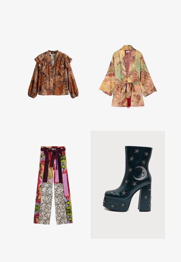 Chaqueta kimono ligera con patrones de patchwork vintage multicolor, mangas anchas y un cinturón de tela a juego con borlas rojas.; Blusa de manga larga en tonos cálidos de naranja, marrón y púrpura. Cuenta con un escote y mangas con volantes, estampado floral y tela suave y ligera.; Pantalones de pierna ancha con un patchwork colorido de estampados florales y abstractos, y un cinturón de tela a juego atado a la cintura.; Bota de tobillo negra con plataforma y tacón bloque, decorada con estrellas bordadas en plata y una luna creciente en el lateral.