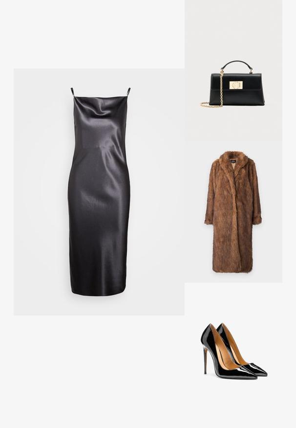 Brun faux fur frakke med en blød, tekstureret overflade. Den har en sjalkrave og åben front, strækker sig til knæ længde med lange ærmer.; Samsøe Samsøe FREDERICKA LONG DRESS - Cocktailkjole / festkjole - ombre dark; Par af blanke sorte højhælede sko i laklæder med spids tå og stiletter samt lysebrun indvendig foret på hvid baggrund.; Sort læderhåndtaske med struktureret form, udstyret med en øverste hank og en guldtonet kæderem. Dekorative guldhardware med logodetalje.