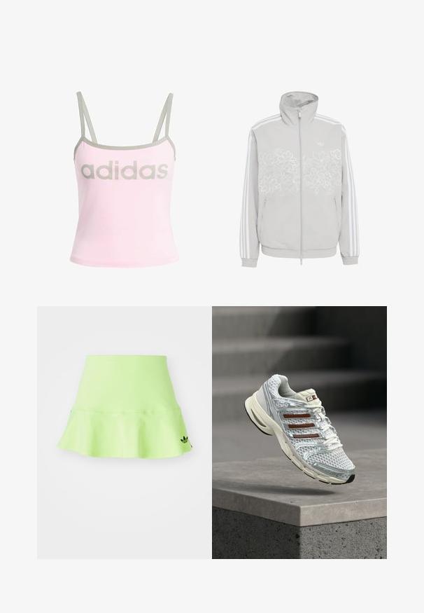 Chaqueta gris claro con cremallera, con bordado floral blanco en el pecho, tres rayas blancas en las mangas y bolsillos laterales con cremallera.; Top sin mangas rosa claro con ribete gris y tirantes ajustables, que presenta un gran logo gris de "adidas" centrado. Material de algodón.; adidas Originals SKIRT - Minifalda - signal green; Zapatilla de running Adidas blanca y plateada con rayas marrones flotando sobre un borde de hormigón contra un fondo gris desenfocado.