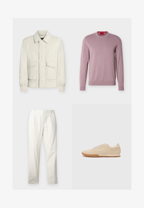 Veste beige clair avec col, poignets élastiques et deux poches à rabat avec boutons sur le devant, présentée sur fond blanc uni.; Pull lavande à manches longues et col rond, avec poignets et ourlet côtelés, arborant le logo "HUGO" embossé sur la poitrine et une étiquette de marque rouge à l'intérieur du col.; Pantalons en coton blanc à jambe droite, dotés de plis sur le devant, d'une texture lisse et d'une conception de taille classique.; Baskets en daim beige au design épuré, présentant une tige texturée, un bout rond et une semelle en caoutchouc avec un motif en zigzag.