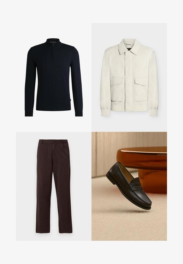 Lys beige jakke med krave, elastiske manchetter og to frontlommer med klap og knapper, vist på en ensfarvet hvid baggrund.; Mørk navy pullover trøje med høj krave og halv lynlås lukning. Fremstillet af glat strikstof med ribbede manchetter og kant. Simpelt design.; Mørkebrune bukser med lige ben, knap- og lynlåslukning, bæltestropper og sidelommer, vist på en hvid baggrund.; Sort læder loafer-sko hængende over beige tæppe med ravfarvet moderne møblement i baggrunden.