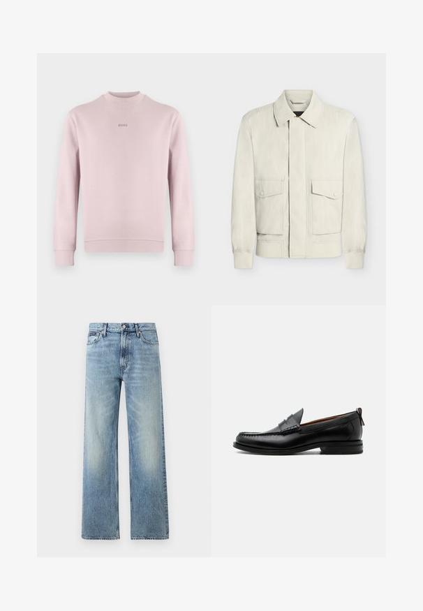 Veste beige clair avec col, poignets élastiques et deux poches à rabat avec boutons sur le devant, présentée sur fond blanc uni.; Sweat-shirt rose clair en tissu doux, doté d'un col rond et de poignets côtelés. Logo brodé "BOSS" en rose assorti sur la poitrine.; Jean droit en denim bleu clair avec taille haute, cinq poches, fermeture à boutons et léger délavage sur les cuisses et les genoux.; Mocassin homme en cuir noir avec couture moc toe, bride penny, col texturé et petit talon empilé sur fond blanc.
