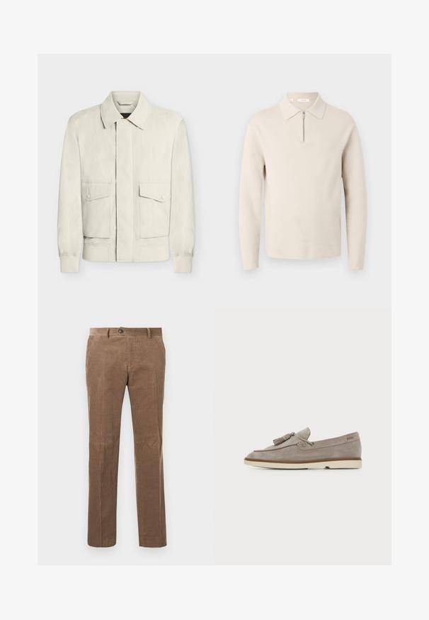 Lichtbeige jas met kraag, elastische boorden en twee voorflapzakken met knopen, getoond op een effen witte achtergrond.; Beige trui met lange mouwen, een kraag en een korte ritssluiting aan de voorkant, getoond op een witte achtergrond.; Bruine corduroy broek met verticale ribbelstructuur, recht model, enkele knoopsluiting en twee voorzakken.; Lichtbruine suède herenslipper met kwastje en crèmekleurige rubberen zool, zijaanzicht op een effen achtergrond.