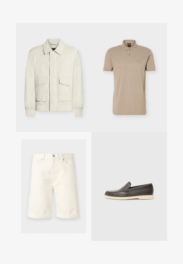 Veste beige clair avec col, poignets élastiques et deux poches à rabat avec boutons sur le devant, présentée sur fond blanc uni.; Polo beige à manches courtes avec deux boutons et un petit logo embossé sur la poitrine gauche.; Short en denim couleur crème jusqu'aux genoux avec poches avant, passants de ceinture, fermeture par bouton et ourlets retournés.; Chaussures à enfiler en cuir marron avec une surface texturée et une semelle beige clair contrastante, présentant un bout arrondi et de minimalistes détails de couture.