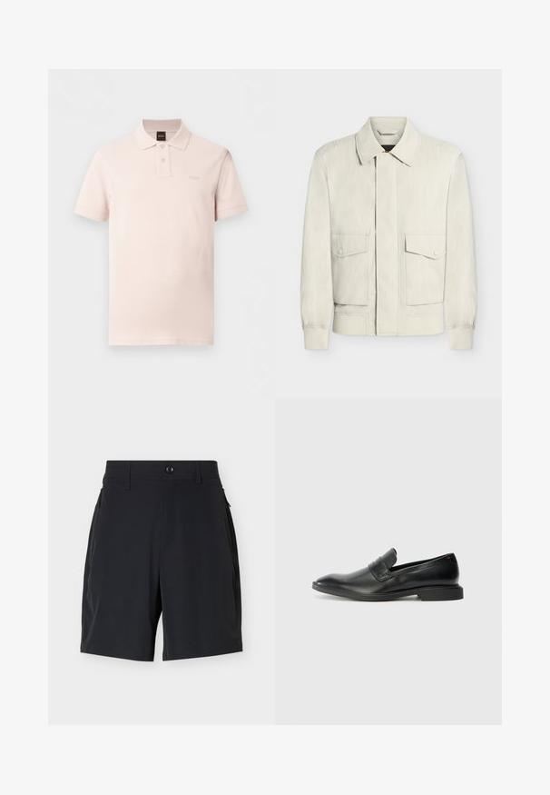 Veste beige clair avec col, poignets élastiques et deux poches à rabat avec boutons sur le devant, présentée sur fond blanc uni.; Polo rose clair à manches courtes avec deux boutons, un col et un logo "BOSS" discret sur la poitrine gauche.; Shorts noirs ajustés avec taille boutonnée, passants pour ceinture et poches latérales zippées sur un fond clair uni.; Mocassins en cuir noir avec une texture lisse, un nez pointu et un petit talon rectangulaire. Présente un détail de bande horizontale sur le dessus.