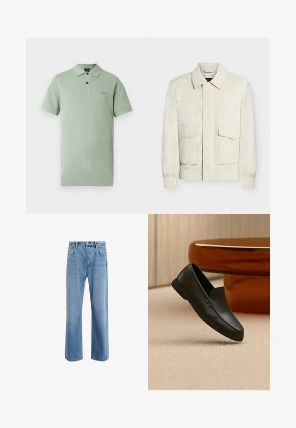 Veste beige clair avec col, poignets élastiques et deux poches à rabat avec boutons sur le devant, présentée sur fond blanc uni.; Polo vert clair en coton, avec col, manches courtes et patte à trois boutons. Logo BOSS brodé sur la poitrine.; Jeans en denim bleu clair avec une coupe droite, cinq poches, fermeture à bouton, peu d'usure et des détails de couture contrastés.; Mocassin noir en cuir sans lacets exposé sur un tapis beige à côté d'une table en verre ambré de forme incurvée dans une pièce aux tons neutres.