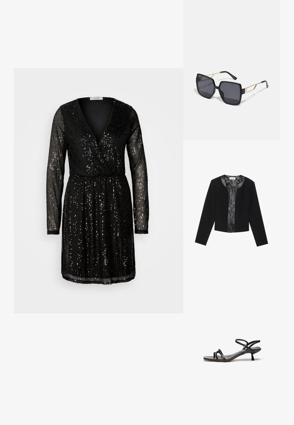 Chaqueta negra corta con mangas largas, con un panel frontal de cuero liso y un cuerpo de tejido texturizado. Cuello redondo, sin cierres.; Vestido negro con lentejuelas que presenta mangas largas, un escote en V profundo y una cintura ajustada. Las lentejuelas cubren toda la prenda, reflejando la luz.; Sandalia de cuero negro con un diseño elegante y minimalista. Presenta dos correas delgadas y un pequeño tacón inclinado. Textura suave y punta abierta.; Anna Field Gafas de sol - black