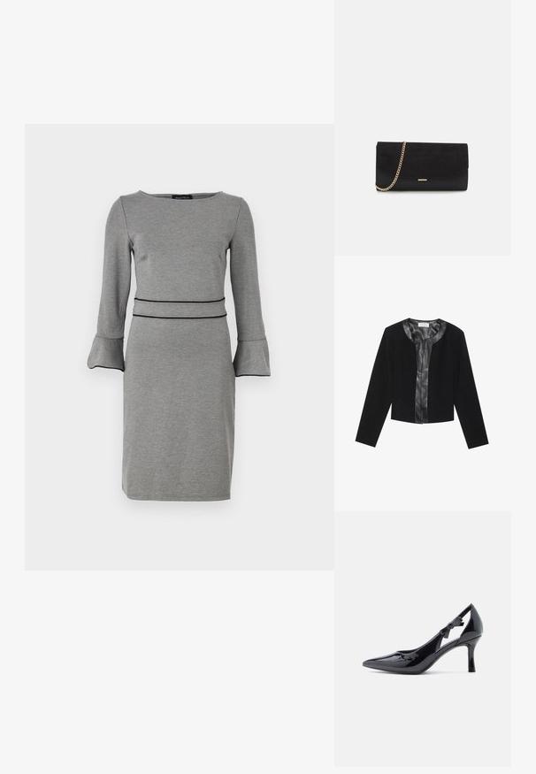 Veste noire courte avec des manches longues, présentant un panneau avant en cuir lisse et un corps en tissu texturé. Encolure ronde, sans fermetures.; Robe grise en tissu doux avec des manches longues, des poignets évasés, un col rond et une taille définie par une ceinture noire.; Escarpin à talons hauts en cuir verni noir, à bout pointu, avec bride de cheville ornée d'un nœud et talon stiletto élancé.; Porte-monnaie noir en daim avec une finition texturée, doté d'une chaîne dorée et d'un design épuré et angulaire.