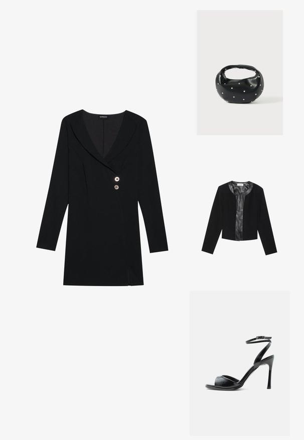 Zwarte cropped jas met lange mouwen, met een gladde leren voorpaneel en een getextureerd stoffen lichaam. Ronde halslijn, geen sluitingen.; Zwarte jurk met lange mouwen, V-hals en dubbele knoopsluiting. Bevat een zijsplit en heeft een getailleerd ontwerp voor een gestructureerd silhouet.; Zwarte sandaal met hoge hak, open teen, smalle naaldhak en enkelbandje met gesp op een witte achtergrond.; Zwarte leren handtas met een afgeronde vorm, versierd met zilveren studs, en een korte handgreep. Gladde textuur en ritsluiting.
