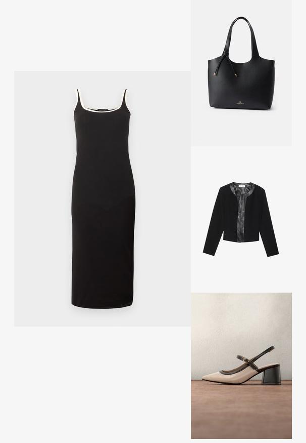 Veste noire courte avec des manches longues, présentant un panneau avant en cuir lisse et un corps en tissu texturé. Encolure ronde, sans fermetures.; Robe midi noire sans manches avec bordure blanche le long du décolleté carré et fines bretelles, silhouette ajustée.; Chaussure beige à talons hauts avec bride arrière, bout pointu, bordure noire et détail boucle. Matériau lisse à finition mate, talon moyen épais.; Sac fourre-tout en cuir noir avec une texture lisse, ouverture sur le dessus, deux poignées, et un logo doré subtil à la base. Caractérisé par une fermeture à cordon.