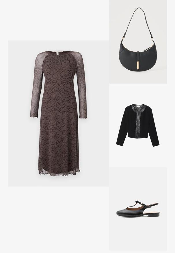 Chaqueta negra corta con mangas largas, con un panel frontal de cuero liso y un cuerpo de tejido texturizado. Cuello redondo, sin cierres.; Vestido midi marrón con mangas largas y transparentes, que presenta un patrón de puntos negros dispersos, escote redondo y dobladillo con forma de ondas. Textura suave.; Zapato plano slingback de cuero negro con T-correa y hebilla dorada sobre fondo neutro.; Bolso negro en forma de media luna con una sola correa, cremallera dorada y una lengüeta decorativa rectangular dorada en la parte delantera.